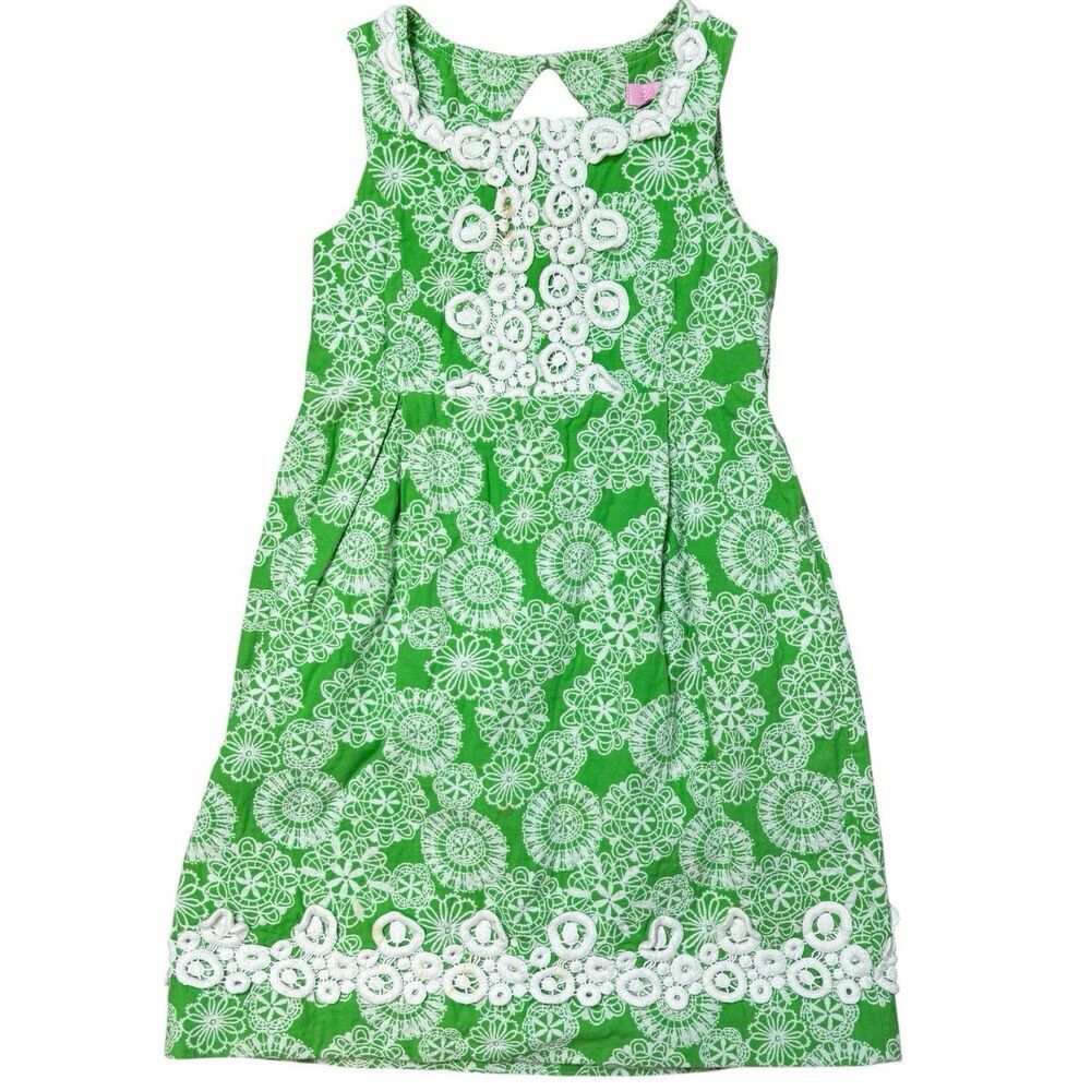 Lilly Pulitzer Kelly Green Embroidered Shift Dress Girls 7 Lace Preppy Church